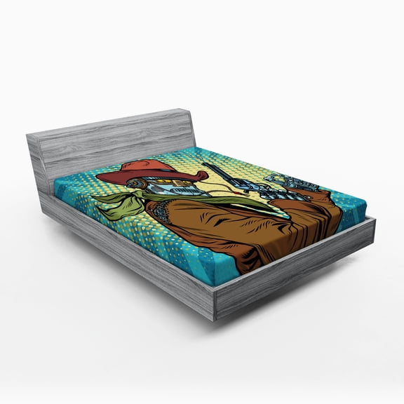 Ambesonne Blue Fitted Sheet, Western Style Robot Cowboy, Queen Size, Petrol Blue and Brown