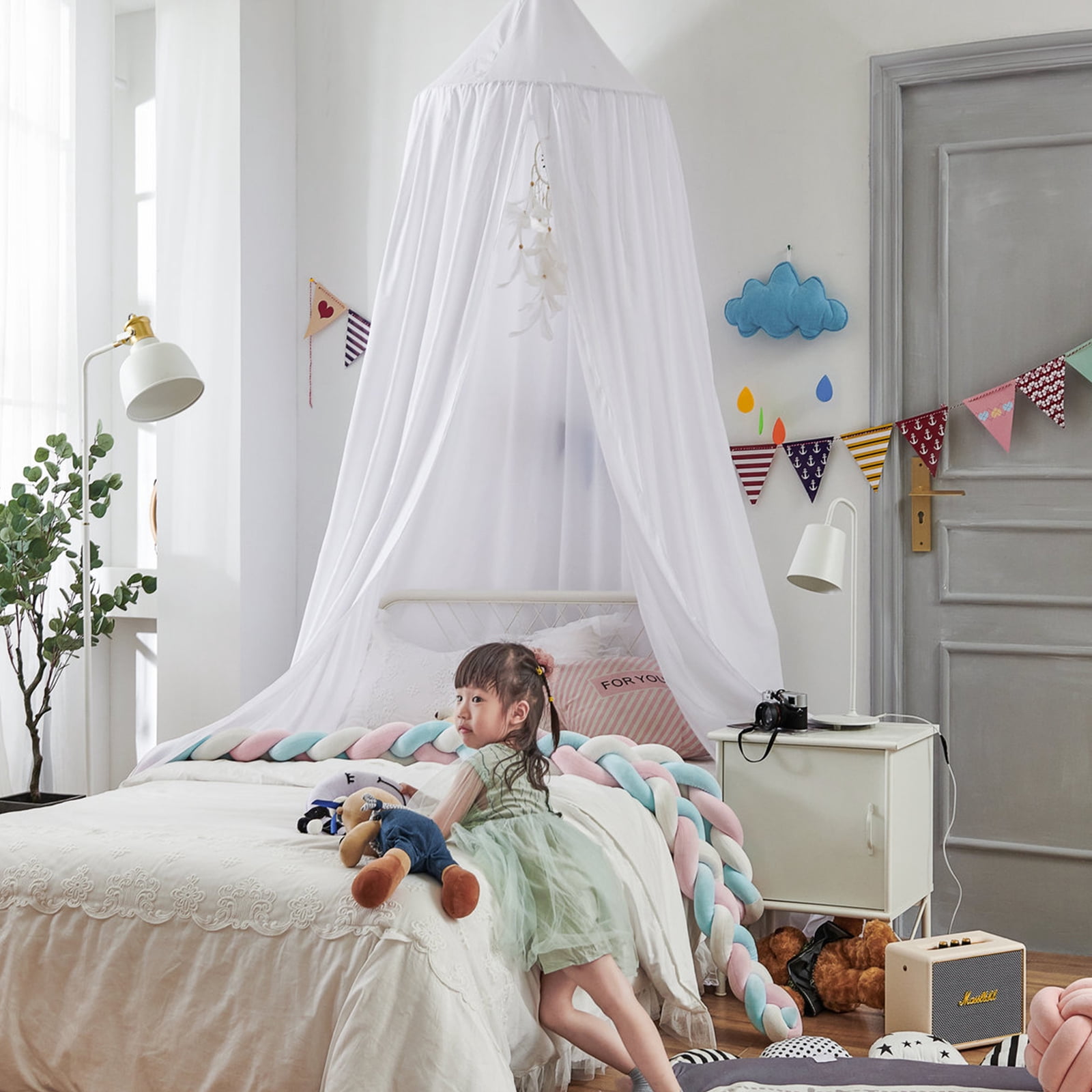 BUTORY Bed Canopy for Kids Soft Breathable Bed Curtain Canopy Round Dome Canopy Bed Cover Decorative Princess Hanging Canopy Oversized Large Curtain Canopy with Hook Adhesive