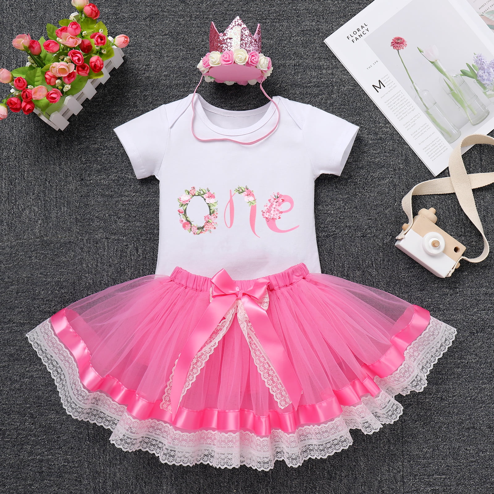 IBTOM CASTLE Infant Baby Girl One Year Old Birthday Outfit Floral Lace Party Cake Smash Romper + Tutu Skirt + Crown Clothes Set for Photo Shoot 1 Year Hot Pink - Lace