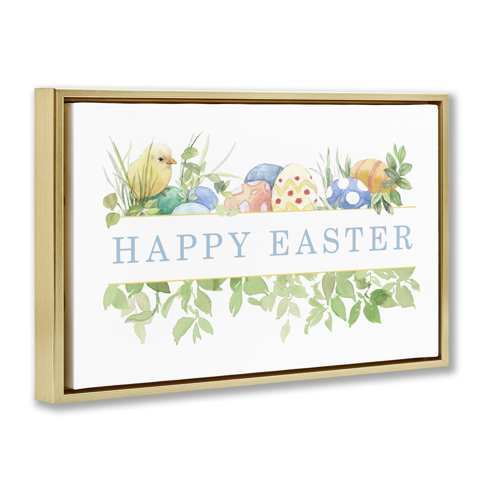 Stupell Industries Floral Happy Easter Holiday Painting Gold Floater Framed Canvas Art Print Wall Art, 25 x 17