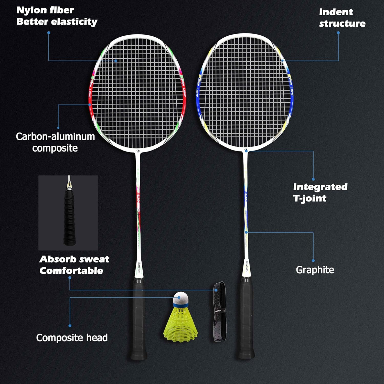 Senston Badminton Rackets Set of 2, Graphite Shaft Badminton Racquets Including Badminton Bag, 2 Badminton Shuttlecock, 2 Racquet Grip