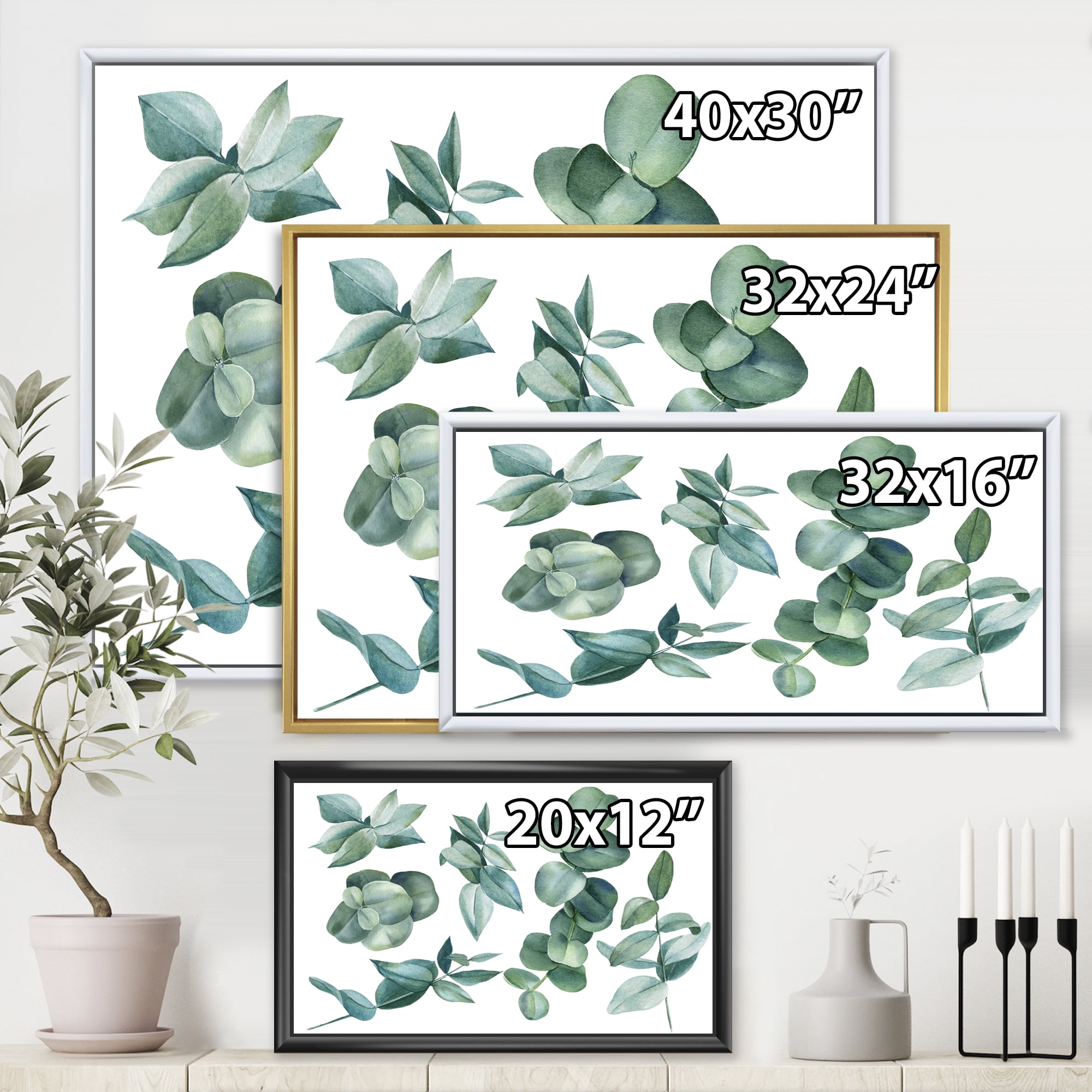 Eucalyptus Leaves In Dark Green 32 in x 24 in Framed Painting Canvas Art Print, by Designart