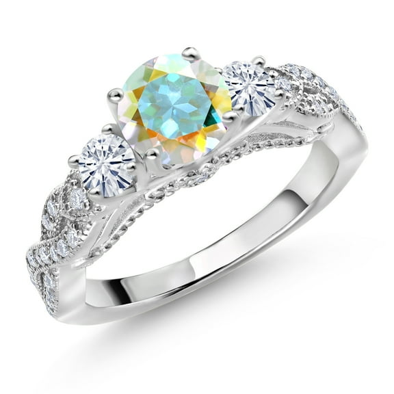 Gem Stone King 925 Sterling Silver Mercury Mist Mystic Topaz and White Moissanite Engagement Ring for Women (1.47 Cttw, Gemstone, Round 6MM and 3MM, Size 7)