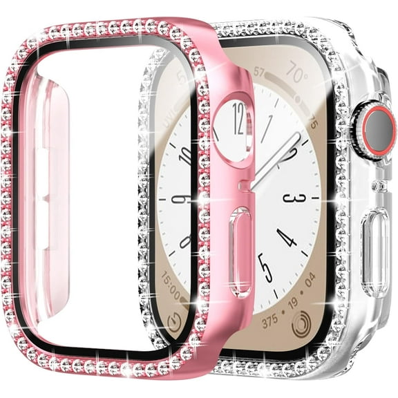 KOMI 2 Pack Bling Case with Tempered Glass Screen Protector for Apple Watch Series 3/2/1 38mm, All Round Full Protective Hard PC Cover Bumper for iWatch 3/2/1 Accessories, Pink/Clear