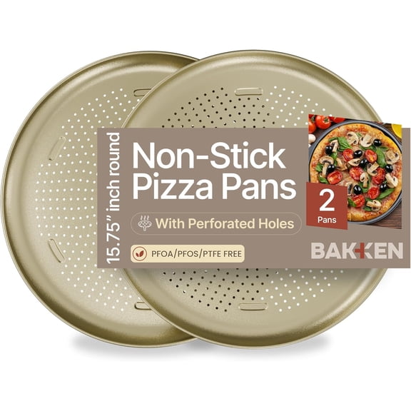 Bakken 16" Non-Stick Perforated Pizza Pan 2 Pack, Round Carbon Steel Tray, Oven & Dishwasher Safe, Durable Nonstick, Gold