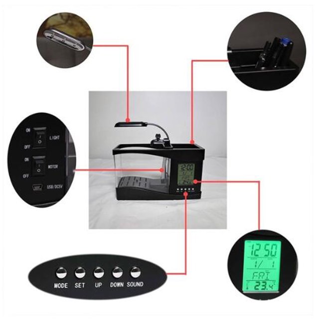 Mini Aquarium Poissons Multifonctions Usb Mini Aquarium Multifonctions Usb Mini Aquarium Poissons Aquarium avec LED Lampe Écran LCD Horloge Boîte de Rangement Poissons Aquarium