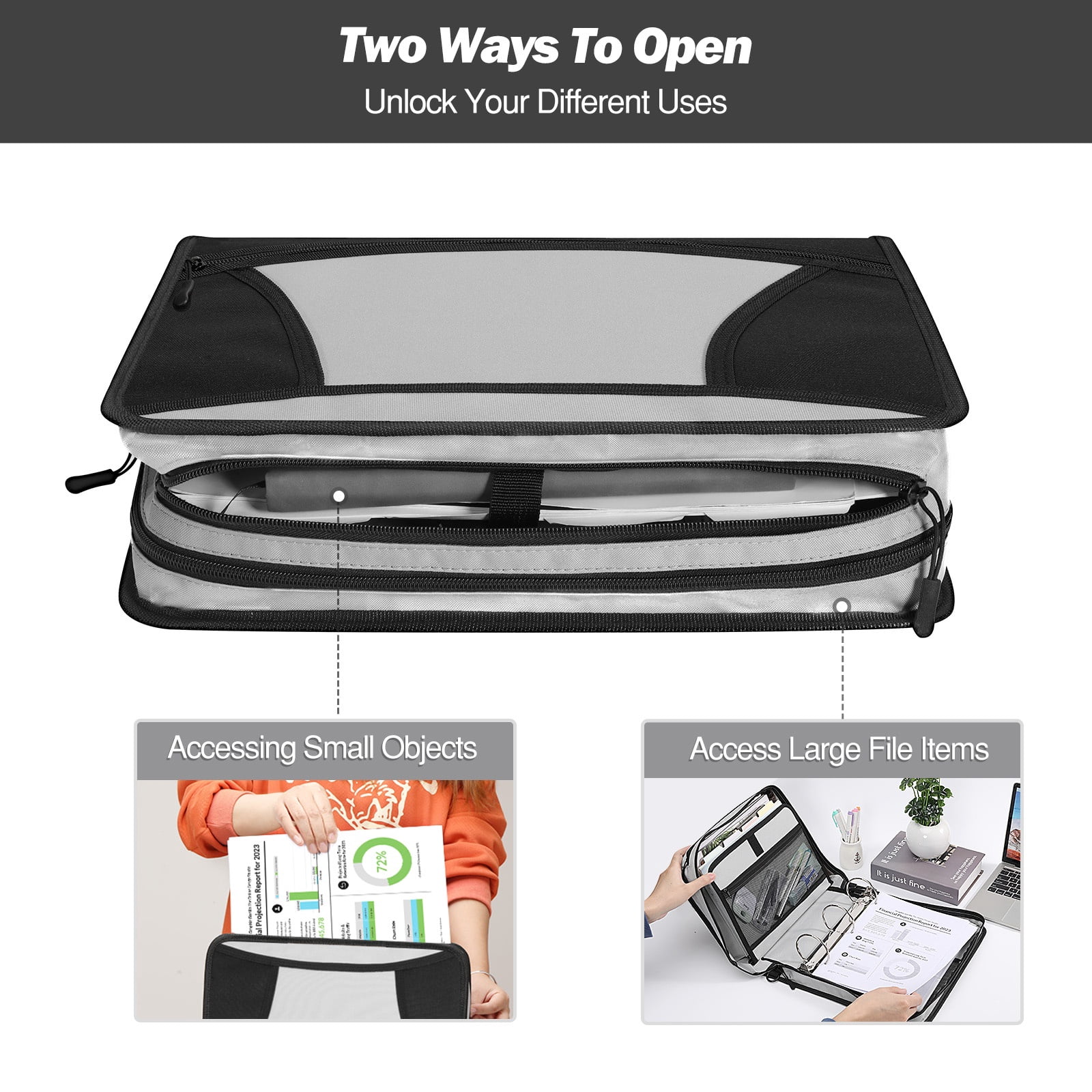 MoKo Zipper Binder, 3 in 3 Ring 600 Sheet Capacity Binder Organizer, Black