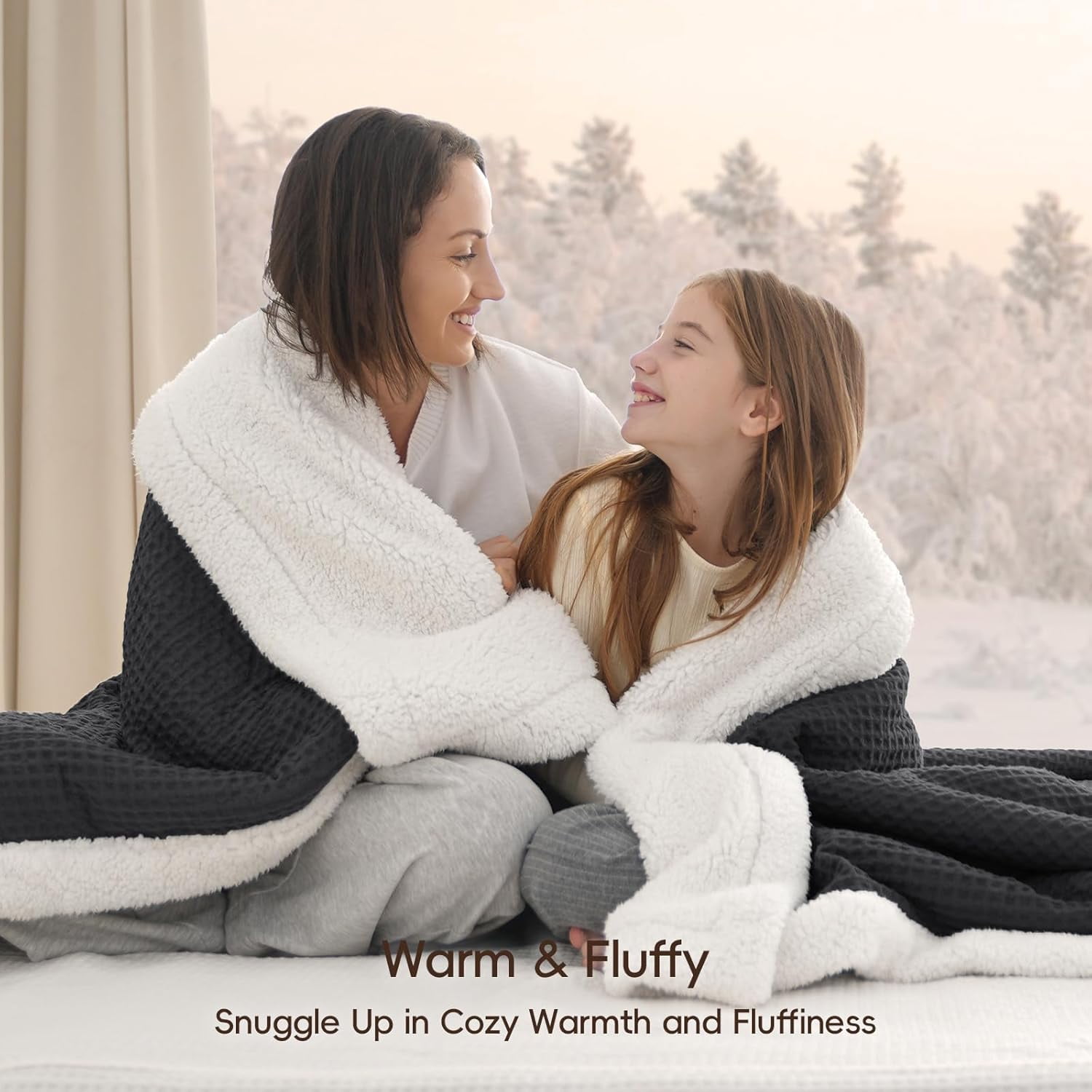 PHF Waffle Sherpa Bed Blanket Twin Size, Cozy Warm Reversible Plush Flannel Blanket for Winter, 60" x 80", Black
