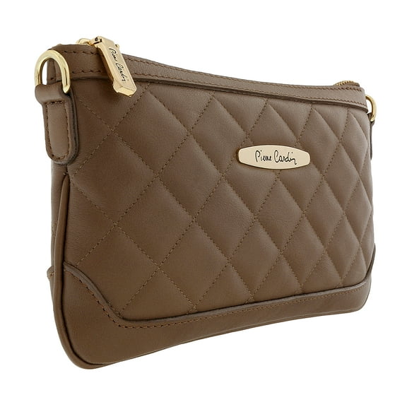 Pierre Cardin Dark Taupe Leather Quilted Crossbody Bag for Womens