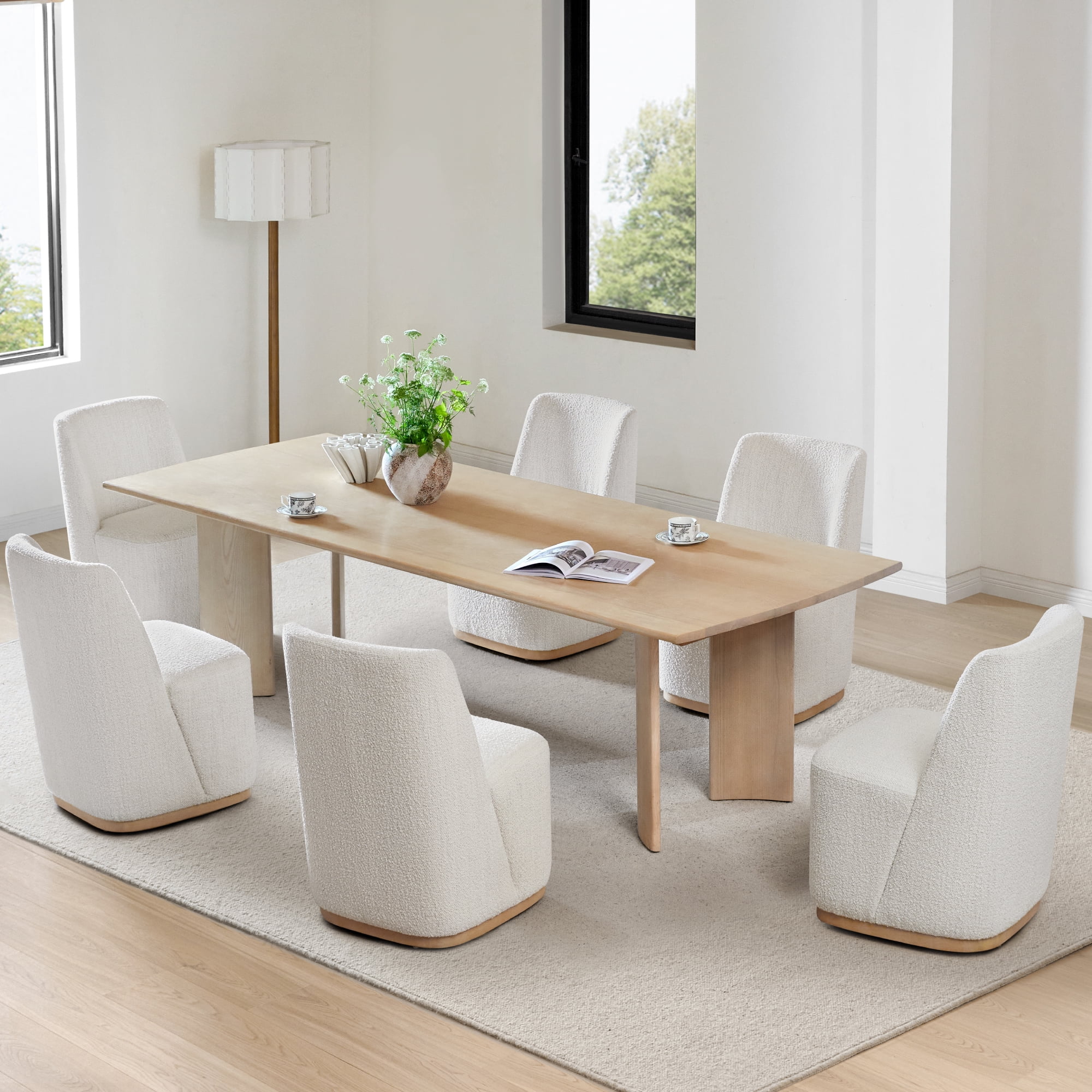 Spruce & Spring Modern Upholstered Dining Chair with Hidden Casters & Wood Base Set of 2, Pearl White