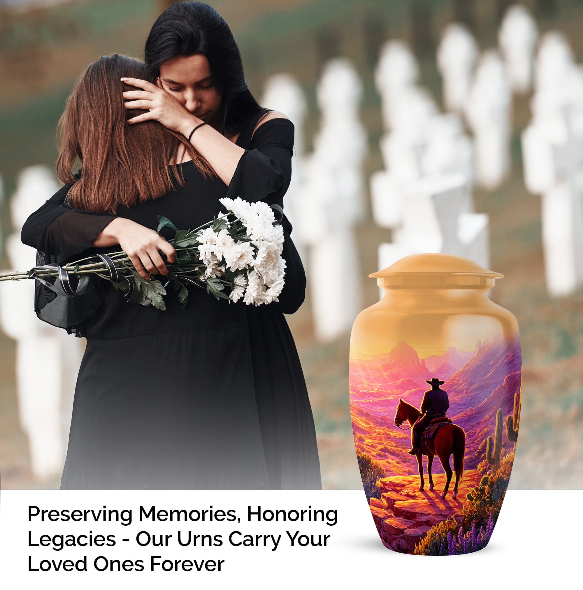 Cowboy Cremation Urns For Ashes Adult Male, Large And 2 Mini Keepsake Urns, Horse Rider Funeral Memorial Urn, Small Urn For Human Ashes Keepsake (Size 10 Inch 1 Pcs & Size 3 Inch, 2 Pcs)
