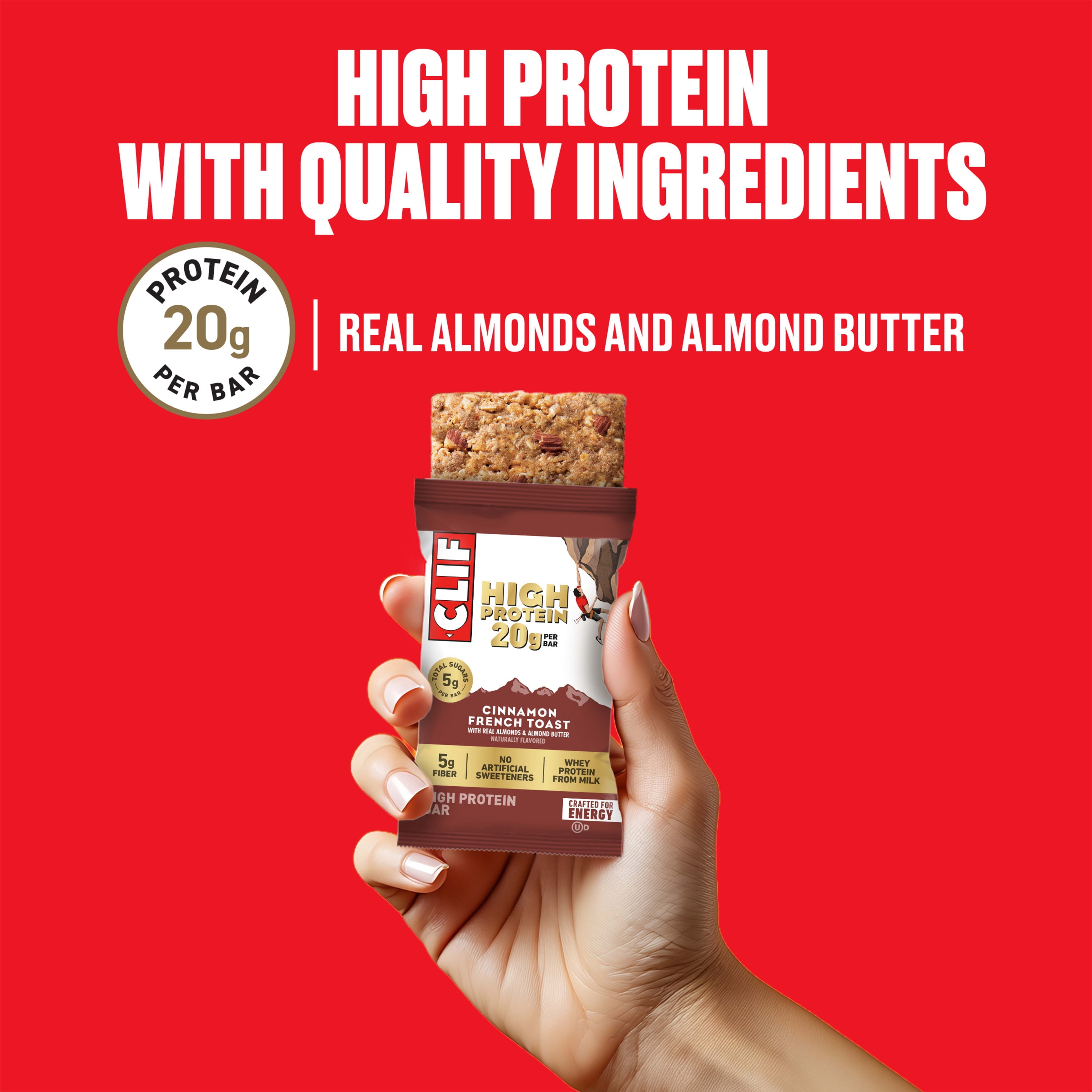 CLIF HIGH PROTEIN Bars - Cinnamon French Toast - 20g Protein - 5g Fiber - Non-GMO (4 Count)