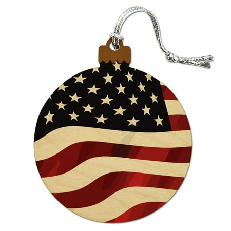 - US American Flag Stars and Stripes Waving United States USA Wood Christmas Tree Holiday Ornament