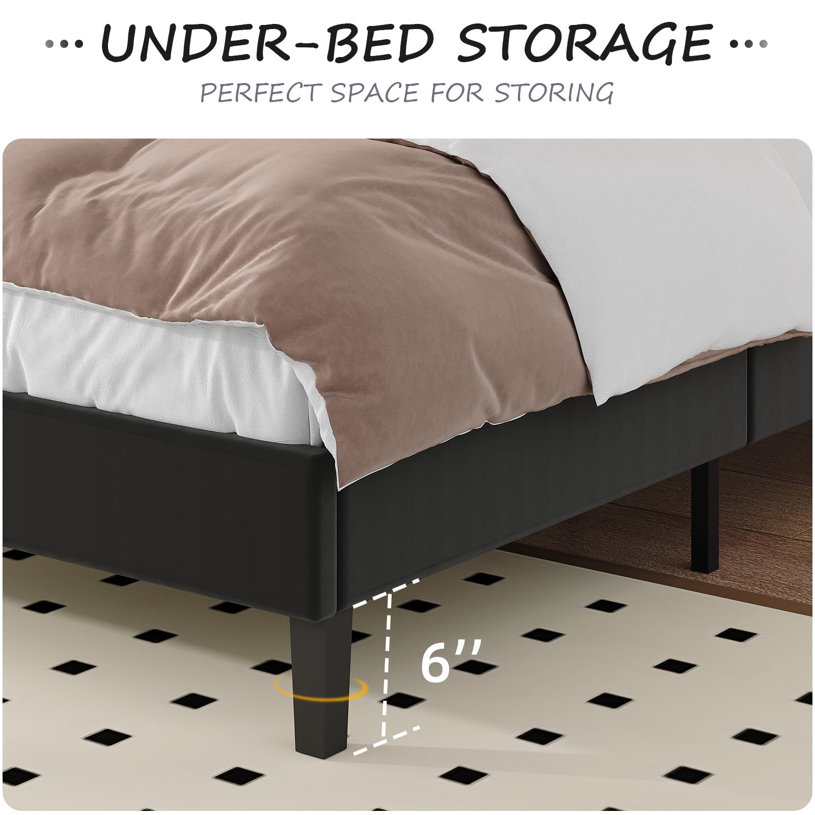 4 EVER WINNER Queen Size Platform Bed Frame, Horizontal Stitched Black Velvet Upholstered Headboard, Solid Wooden Slat Support, Noise-Free, No Box Spring Needed