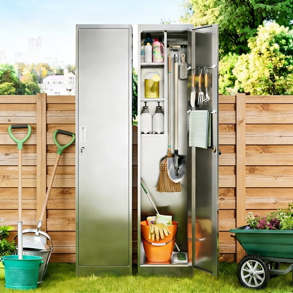 MIIIKO Outdoor Metal Cleaning Cabinet with Lockable Door, Weatherproof Storage Cabinet with Adjustable Shelves & Hooks, Heavy-Duty Steel Organizer for Patio, Garage, Garden, Balcony