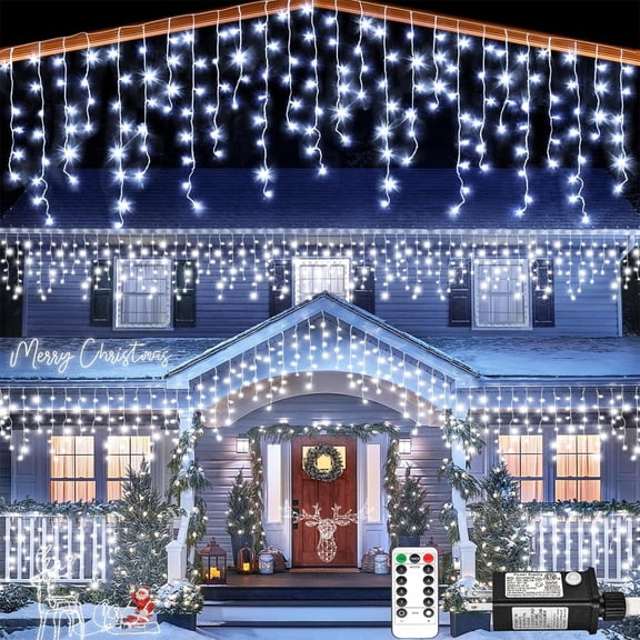 White Christmas Lights Outdoor, 33ft 400 LED Icicle Lights with Remote & Timer, 8 Lighting Modes Waterproof for House Eaves Patio Window Wedding Party Holiday Decorations, White