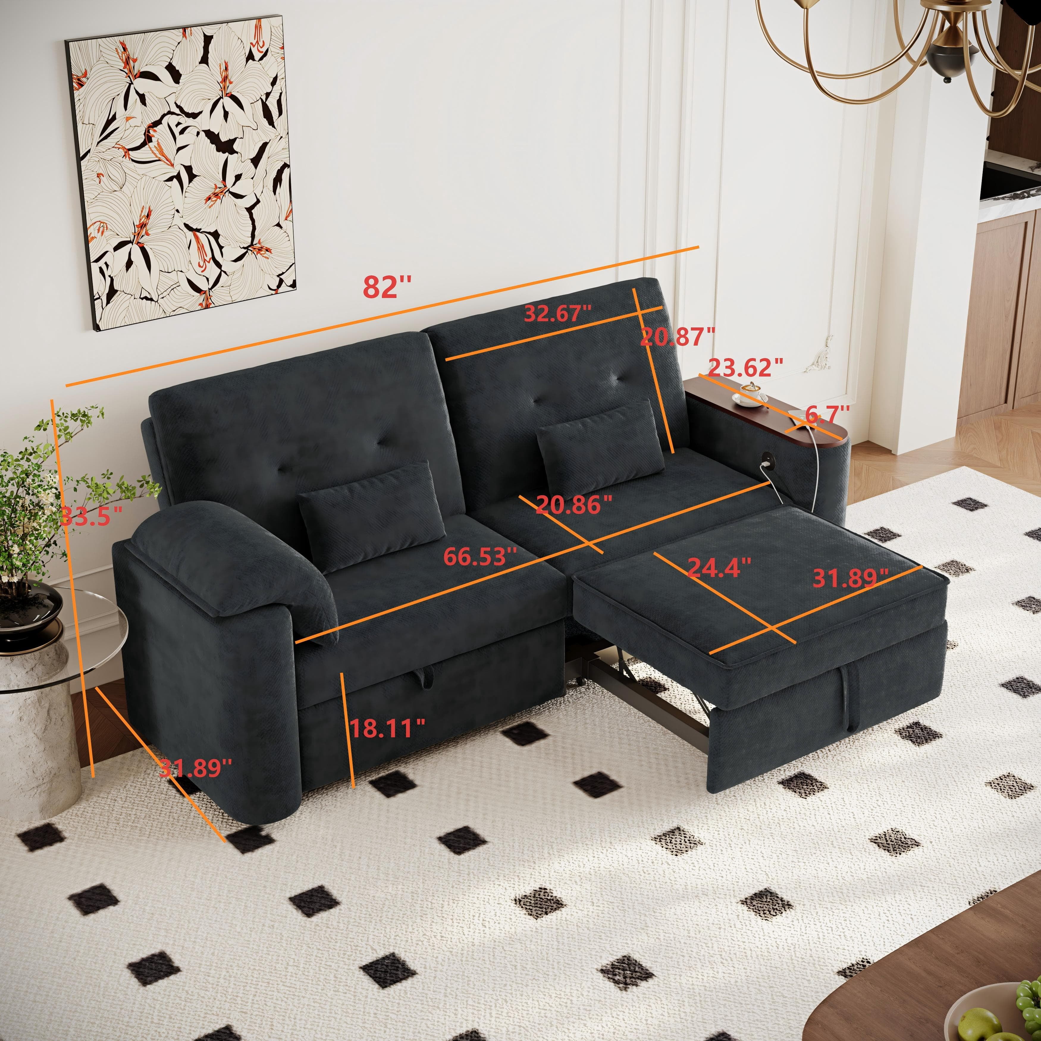 Aukfa 82" 3-in-1 Convertible Sleeper Sofa, Modern Chenille Queen Pull-Out Sofa Bed with USB/Type-C Ports & Rotating Side Table for Living Room & Apartment,Black