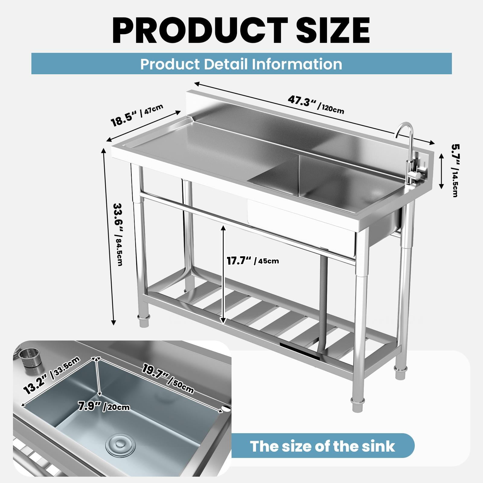47.3" Commercial Stainless Steel Sink Workstation, 304 Stainless Single Bowl Utility Sink with Drainboard, 360° Swivel Faucet & Storage Shelf for Restaurant, Garage, Laundry