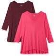 thumbnail image 1 of Amazon Essentials Camiseta con cuello en V y manga 3/4 para mujer (disponible en tallas grandes), paquete de 2, color rosa brillante/burdeos, talla XL, 1 of 5