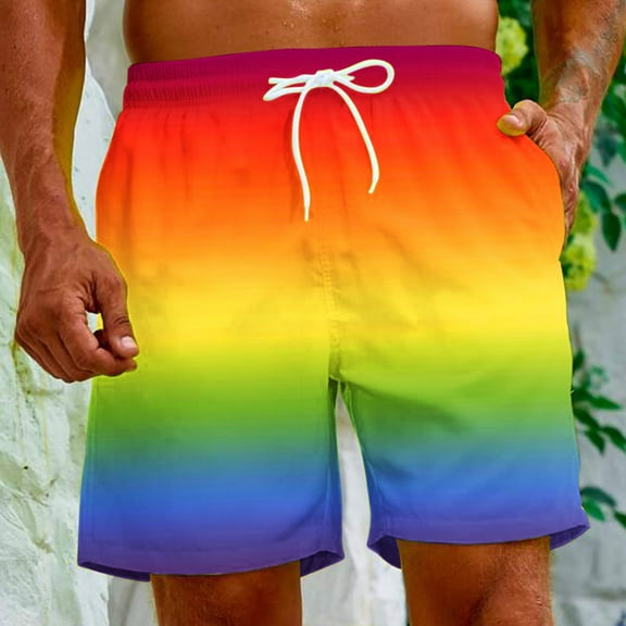 Pitauce Summer Swim Trunks for Men Gradient Color Breathable Quick Dry Plus Size Board Swim Shorts Elastic Waist Drawstring Beachwear with Pocket