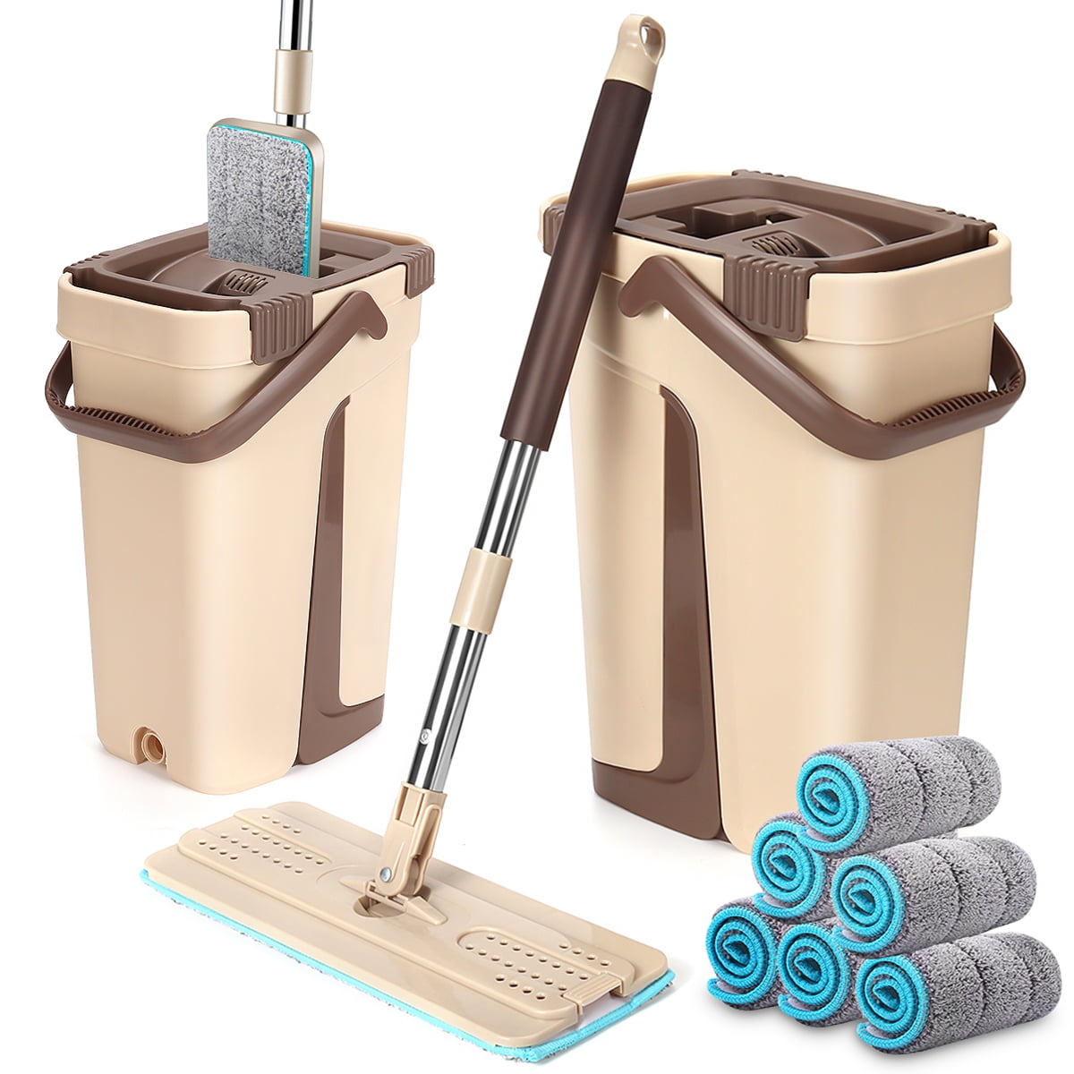 Flat mop and Bucket System Easy Self-Wringing Flipping Flat Mop Easy Wring  Double Side mop self-Drying Squeeze Mop and Bucket Set 4 Microfiber Mop 