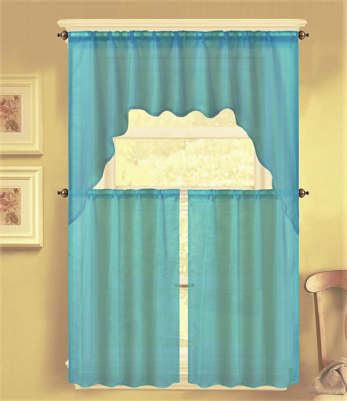 3PC (K66) SOLID VOILE SHEER KITCHEN WINDOW CURTAIN 2 TIERS + 1 SWAG