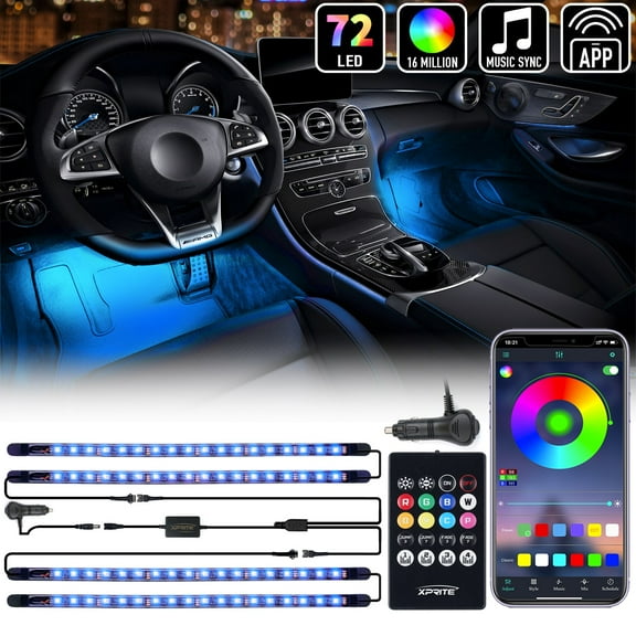 Xprite RGB LED Interior Car Light Bluetooth and Remote Control Set Powered by Cigarette Plug 4PC Celestial Series
