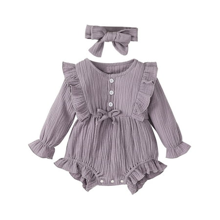 

Toddler Outfits For Girls Bodysuit Headband Bowtie Set Ruffle Romper Sleeve Long Set Baby Girls Clothing Purple
