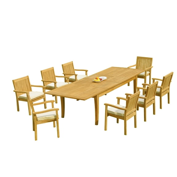 Grade-A Teak Dining Set: 8 Seater 9 Pc: 122" Atnas Rectangle Table And 8 Leveb Stacking Arm Chairs Outdoor Patio WholesaleTeak #51LV2809