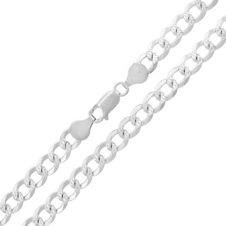 - .925 Sterling Silver 7mm Solid Cuban Curb Link Diamond Cut Pave ITProLux Necklace Chain 20