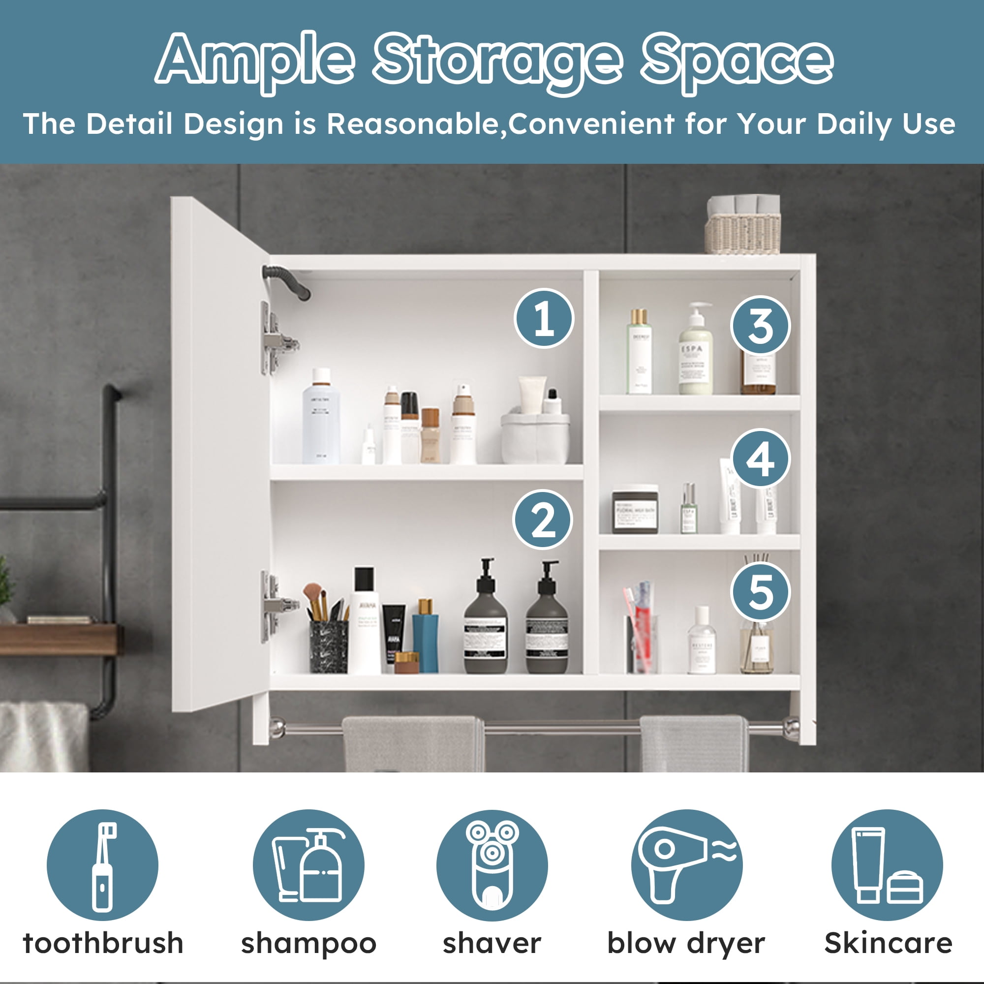 Modern 32x28inches bathroom cabinets, medicine cabinets with mirrors and LED lights, bathroom lockers with multilevel storage compartments and towel rails