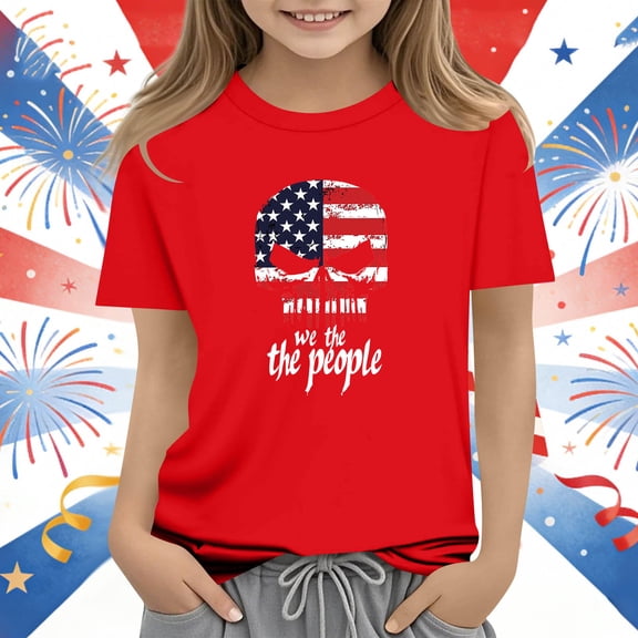 Amidoa Girls Short Sleeve Graphic Summer Independence Day Crewneck T Shirts Kids Casual Tops Red Size 7