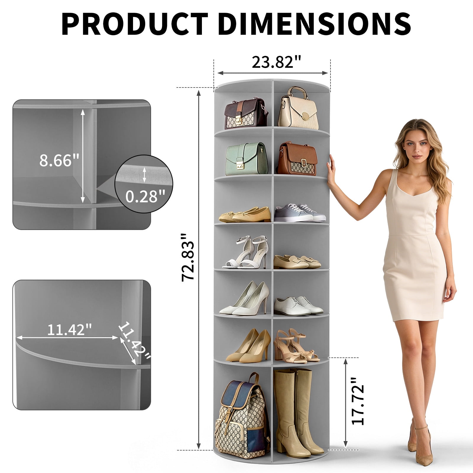 Ktaxon 7-Tier Rotating Shoe Rack Tower,  Free Standing 360° Revolving  Organizer, 28 Pairs of Shoes/ Bag, Gray