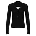 thumbnail image 4 of Womens Slim Fit Knit Top Solid Color Long Sleeve V Neck Button Down Collar Elegant Basic T Shirt Casual Wear Black L, 4 of 4