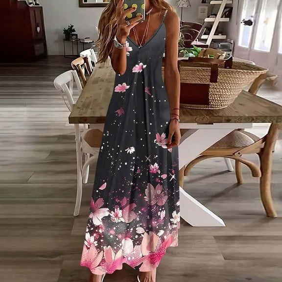 Gamivast Summer Maxi Dress for Women Casual V Neck Sleeveless Spaghetti Strap Flowy Long Dress Abstract Print Boho Dresses Lightweight Beach Vacation Wear