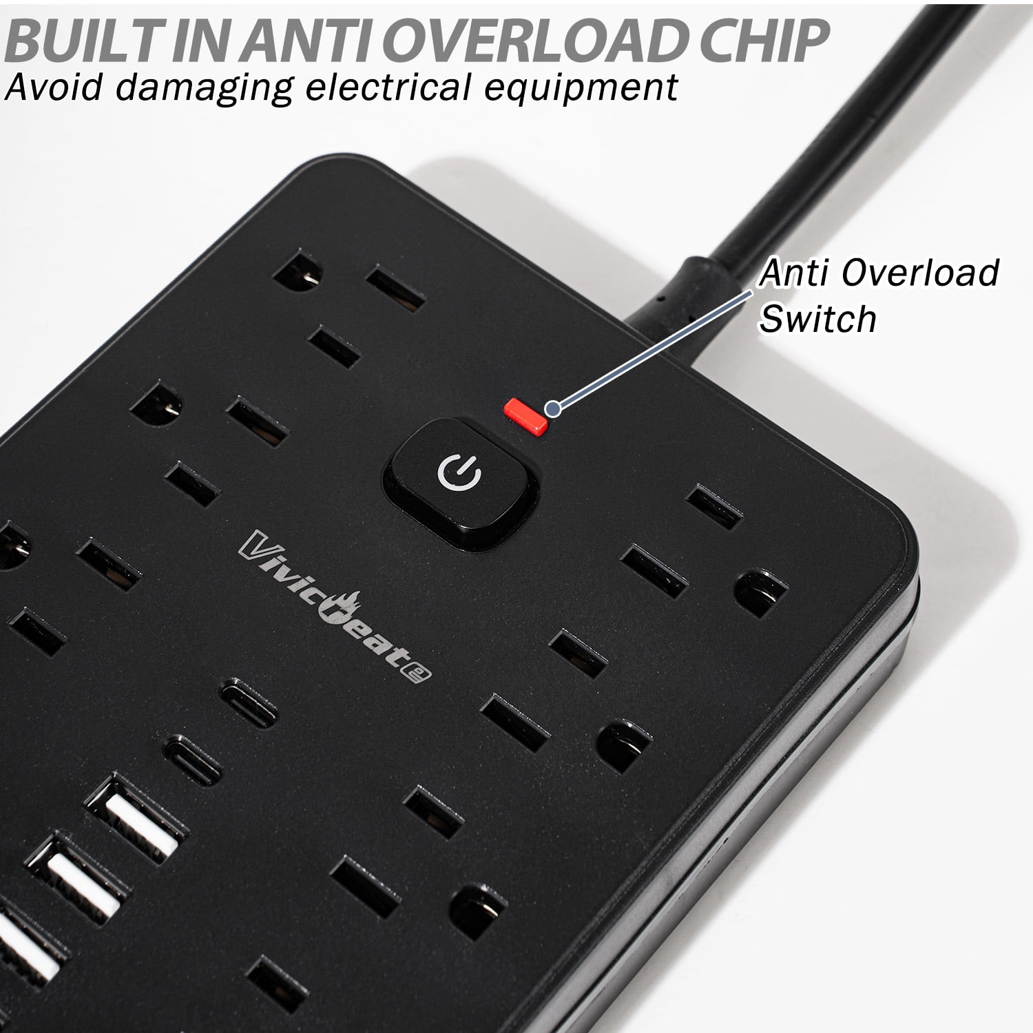 Vivicreate 16-in-1 Power Strip with 10 AC Outlets, 4 USB-A & 2 USB-C Ports, Flat Plug Short Extension Cord, Compact Surge Protector for Home, Office, Desk & Travel