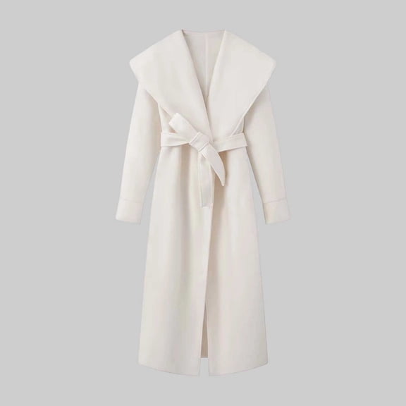 IUYRTFE Women's Long Wool Blend Coat with Shawl Collar and Self Tie Belt Slim Fit Wrap Winter Overcoat