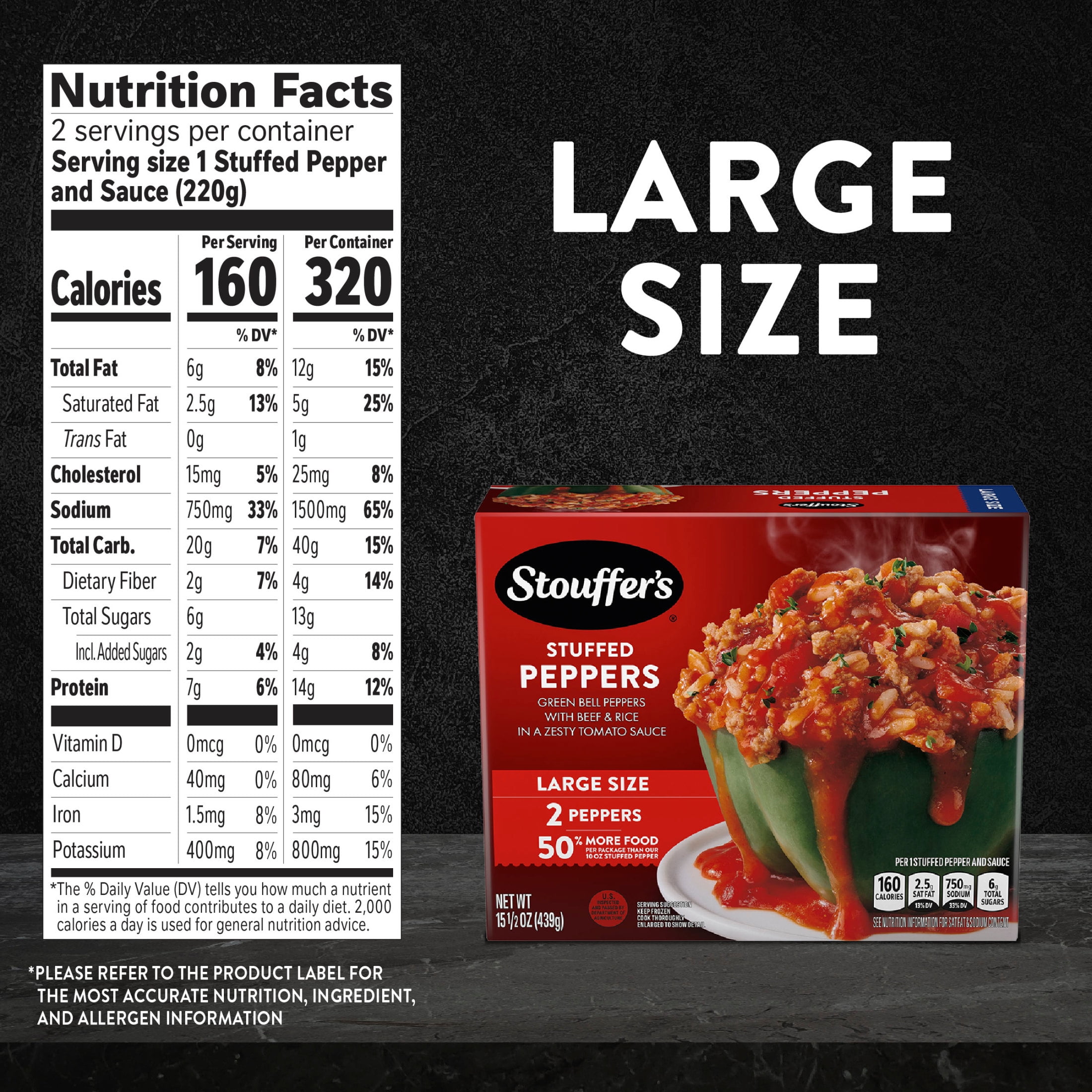 Stouffer’s Stuffed Peppers, Large Size, Frozen Stuffed Peppers, Easy Single Frozen Meals 15.5 oz