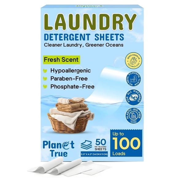 Láminas de detergente para ropa Planet True, aroma fresco, 50 unidades