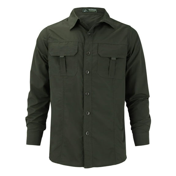 CharmCyan Men’s Long Sleeve Tactical Shirt, Lightweight Breathable Outdoor Work Shirt with Button Closure and Dual Chest Pockets Army Green L