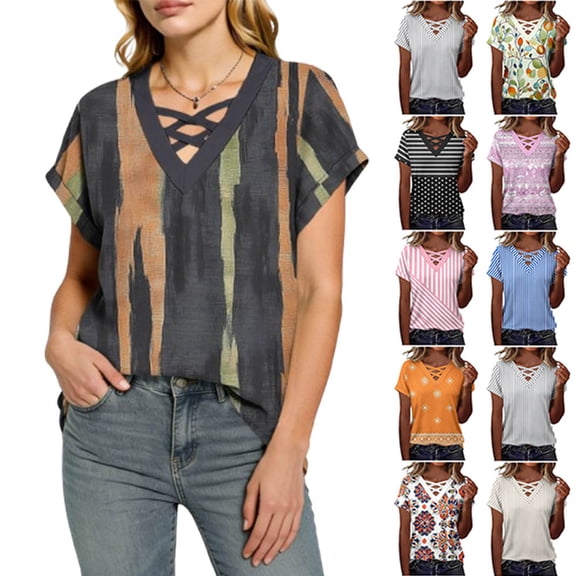 DailkTrvid Women's Summer Blouse Trendy Loose Fit Tops Crisscross V Neck T-Shirt Casual Tees Short Sleeve Damask Print Rolled Cuff Outfits