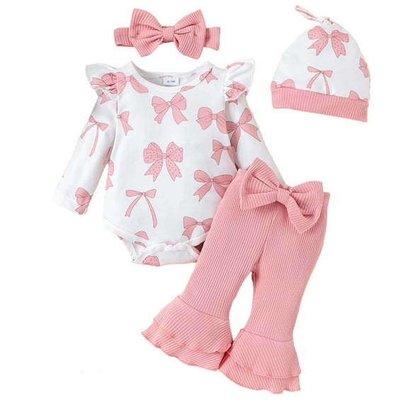 VNKIDY Girls Baby Cute 4 Piece Outfit Bow Prints Ruffled Long Sleeve Crewneck Romper Stretchy Flared Pants With Bow Headnband Hat For Daily Wear Cozy Set