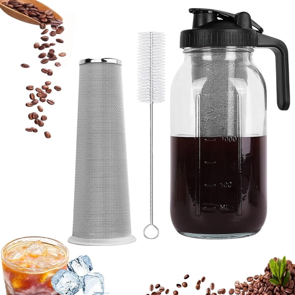 Cold Brew Coffee Maker, 64OZ Wide Mouth Mason Jar Pitcher with Stainless Steel Filter, Pour Spout Handle Lid, Heavy Duty Glass Airtight & Leak-Proof Pitcher for Iced Brew Coffee & Tea