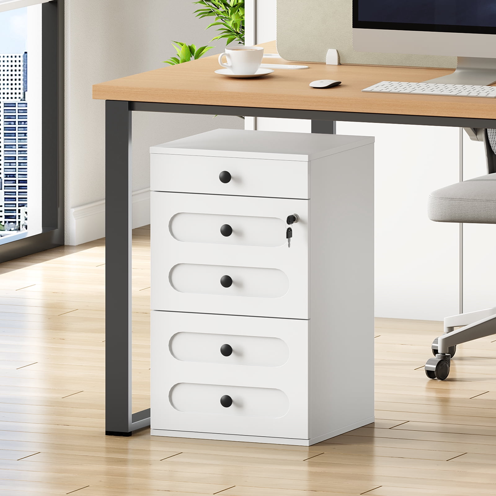 HOOBRO 3 Drawer File Cabinet with Lock, Wooden Farmhouse Office Storage Cabinet, Under Desk Mobile Filing Cabinet fits Letter / A4 Size for Home Office, Modern Rolling Printer Stand, White WT32WJ01