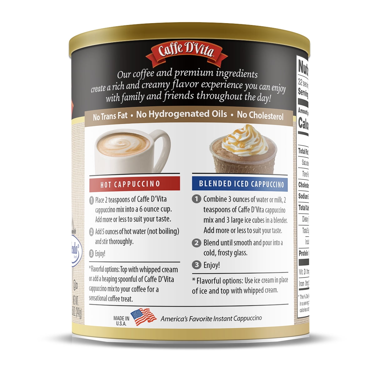 (6 Pack) Caffe D'Vita Sugar Free Mocha Cappuccino, 8.5 oz Canisters. Instant powder drink mix