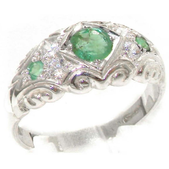LBG 925 Sterling Silver Natural Emerald and Diamond Womens Band Ring - size 10