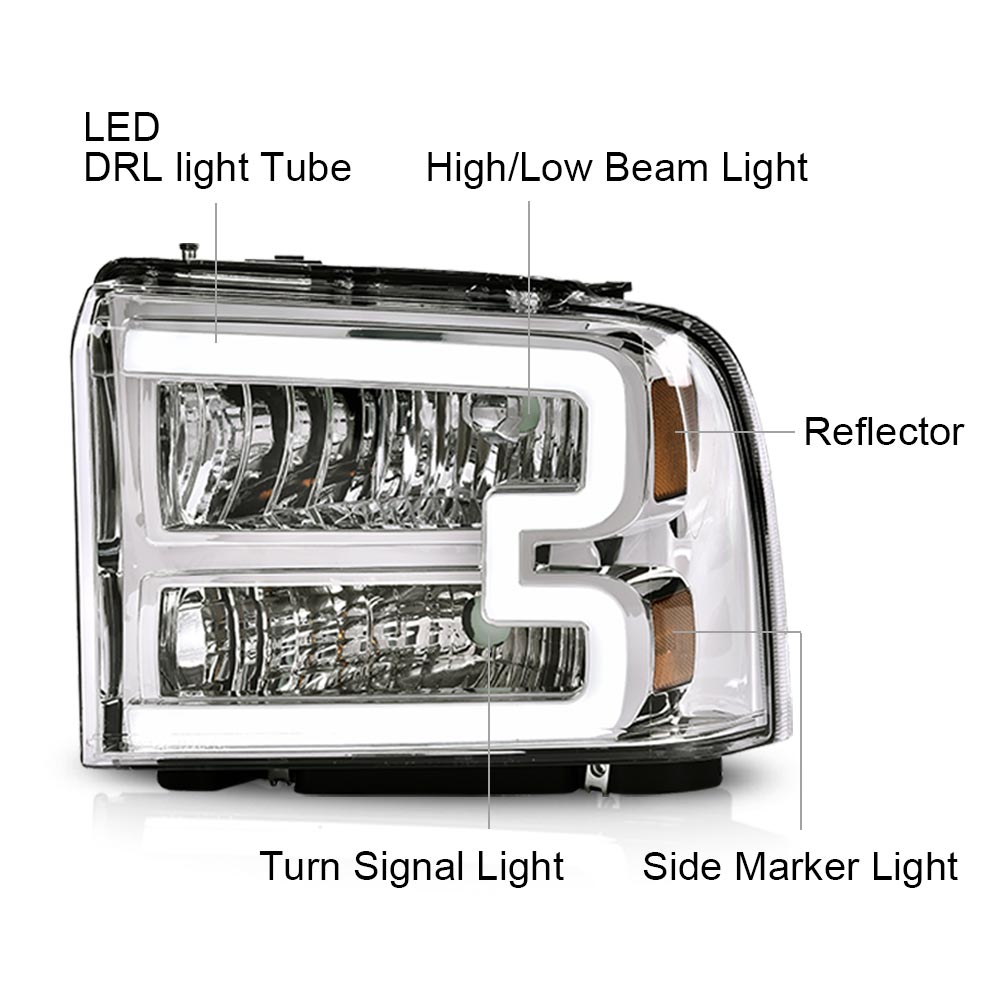 PIT66 LED Headlights, Fit for2005-2007 Ford F250 F350 F450 F550 Super Duty/  2005 Ford Excursion,(Not Fit Sealed Beam Headlight model) Clear Lens Chrome  Housing Amber Reflector