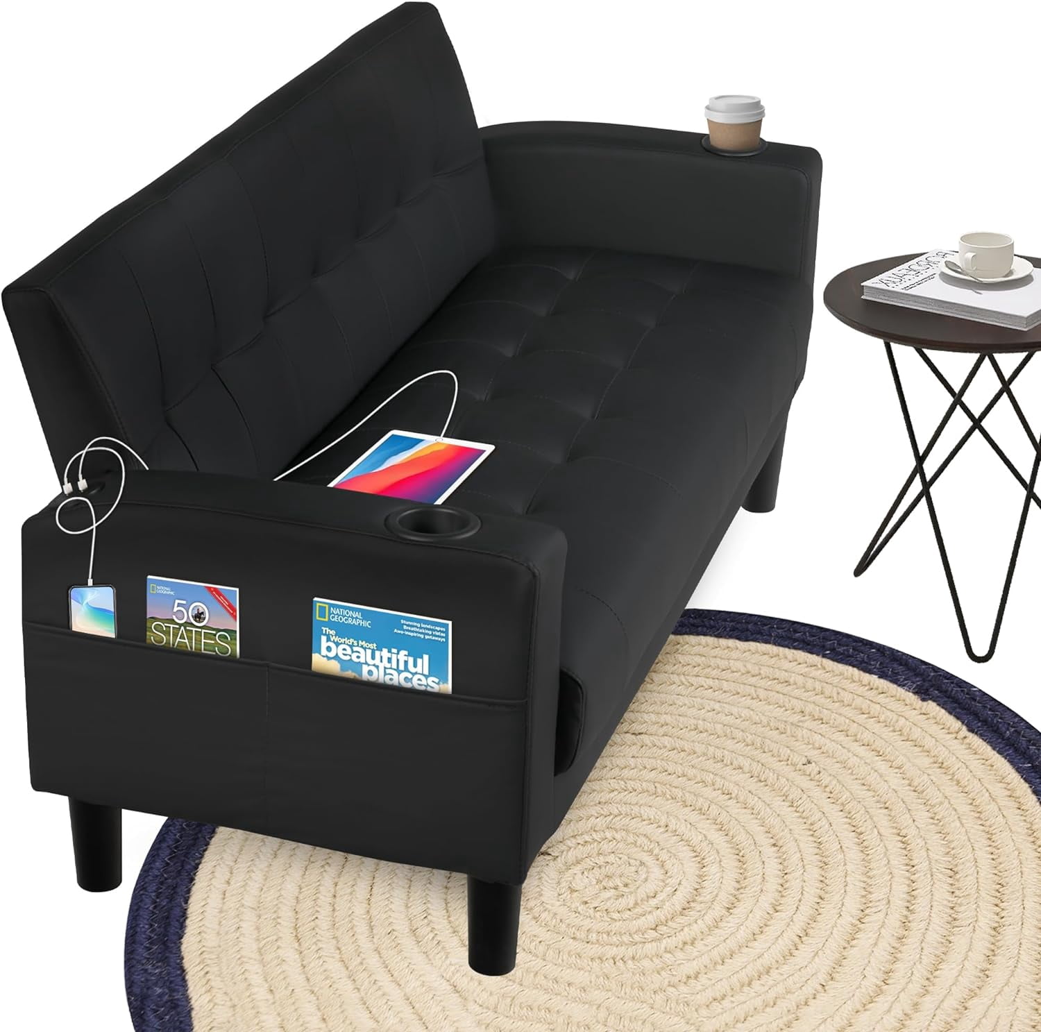 Coewske 62''W Faux Leather Sofa Couch Tufted Loveseat w/ 2 USB Charger Ports & Cup Holders Black