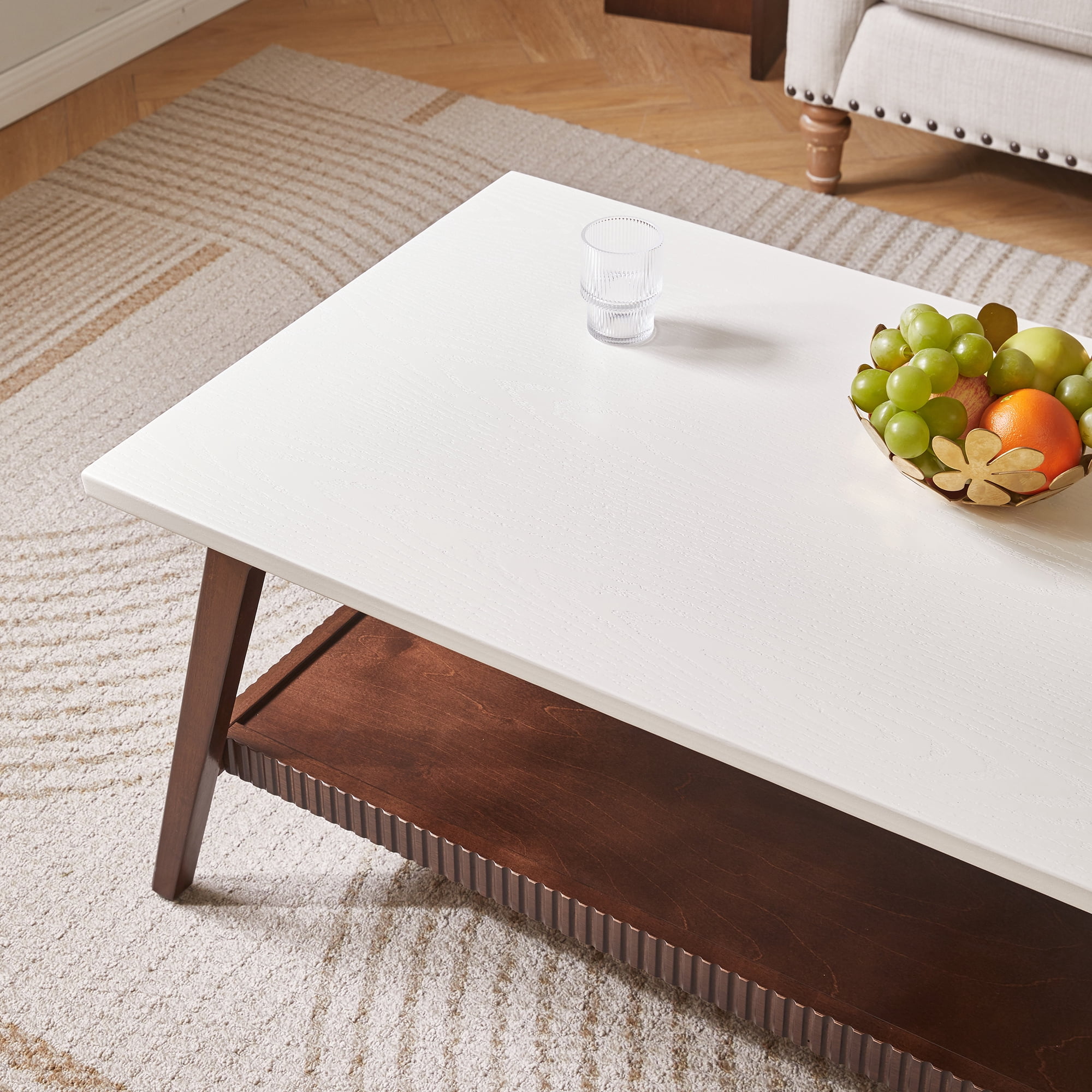 Garitin Coffee Table and Mid Century Modern Center Table 47.24 Inch, Two Tone Wooden Cocktail Table with Lower Storage Shelf for Living Room, Walnut and White