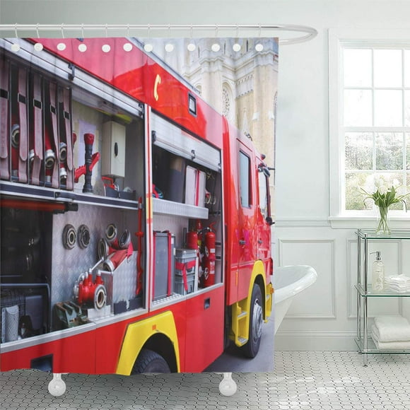 SUTTOM Red Rescue Fire Truck and Its Complete Equipment Engines Shower Curtain 66x72 inch